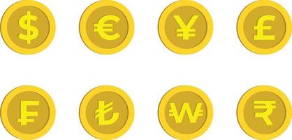 dólar, euro, yen, libra, franco, lira turca, signo de won y rupia moneda de oro de dibujos animados, moneda de dinero vector