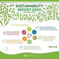 Sustainability infographic. Graphic report with measurements and statistics for a company or factory that promotes environmental care. Renewable energies, water reduction, paper, cardboard. Protection vector