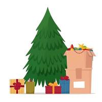 árbol de navidad y caja con adornos navideños. tiempo previo a las vacaciones. ilustración vectorial en estilo plano vector