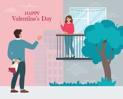 el hombre se acercó a su amada debajo del balcón. celebración del día de san valentín durante una cuarentena. ilustración vectorial en estilo plano vector