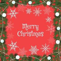 Merry Christmas greeting card or poster, with frame with pine branches and ball. Vector illustration in flat style