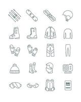 conjunto de contorno, equipo de esquí y snowboard, ropa, iconos vectoriales para diseño web aislado sobre fondo blanco. vector