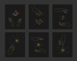 juego de cartas mágicas con manos, estrellas y cristal. vector