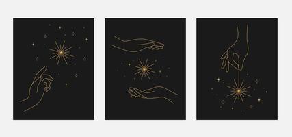 Set of magic cards with hands and stars. vector