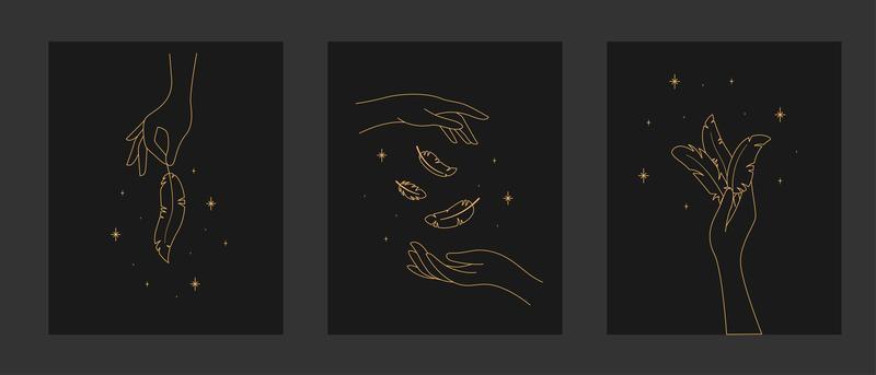 Magic sparkling feathers in hand. contour esoteric elegant illustration