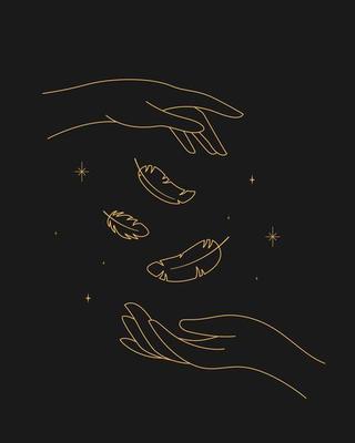 Magic sparkling feathers in hand. contour esoteric elegant illustration
