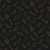 Seamless pattern of gold contour feathers and crystals on a dark background vector