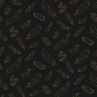 Seamless pattern of gold contour feathers and crystals on a dark background vector