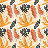 Tropical leaves hand drawn seamless pattern. Botanical trendy design in pink and green colors. Vector repeating design for fabric, wallpaper or wrap papers.