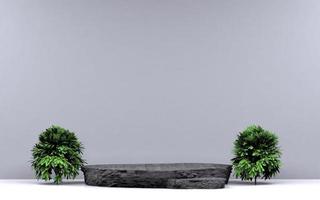 Escenario de podio 3d con roca para exhibición y naturaleza de doble árbol para publicidad y promoción de productos renderizado realista foto