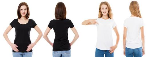 T-shirt set. Front and back view Brunette and Blonde in white and black t shirt isolated. Two girl in blank shirt, Mock up, Collage, Copy space, Template photo