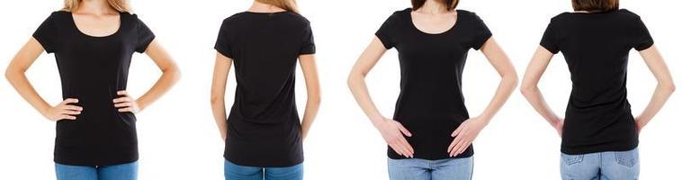 dos mujeres en camiseta negra imagen recortada vista frontal y trasera, conjunto de camiseta, camiseta de maqueta en blanco foto