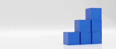 una pila de cajas azules se apilan como escalón sobre fondo blanco. éxito, escalada a la cima, progresión, concepto de crecimiento empresarial. Ilustración de render 3d. foto