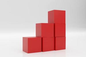 Un montón de cajas rojas se apilan como escalón sobre fondo blanco. éxito, escalada a la cima, progresión, concepto de crecimiento empresarial. Ilustración de render 3d. foto