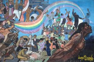 CUSCO, PERU, JANUARY 5, 2018 - Detail of mural in Cusco, Peru. Mural that shows the entire history of Peru was made by Juan Bravo in 1992.