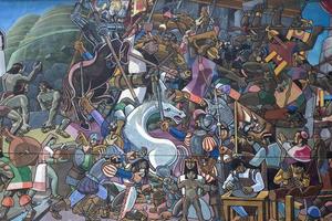 Cusco, Perú, 5 de enero de 2018 - Detalle del mural en Cusco, Perú. mural que muestra toda la historia del perú fue realizado por juan bravo en 1992. foto