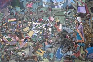 Cusco, Perú, 5 de enero de 2018 - Detalle del mural en Cusco, Perú. mural que muestra toda la historia del perú fue realizado por juan bravo en 1992.