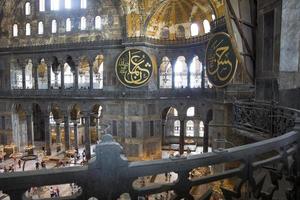 ISTANBUL, TURKEY, JUNE 18, 2019 - Unidentified people at interior of Hagia Sophia in Istanbul, Turkey. For almost 500 years, Hagia Sophia served as a model for many other Ottoman mosques. photo