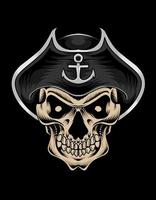 ilustración, vector, capitán, pirata, cráneo, cabeza