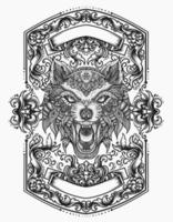 ilustración, vector, cabeza de lobo, con, mandala, ornamento, estilo