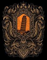 illustration vector pisa tower with vintage engraving ornament
