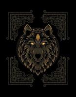 illustration vector wolf head with vintage engraving ornament