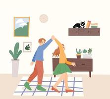 A couple is dancing and having fun together at home. vector