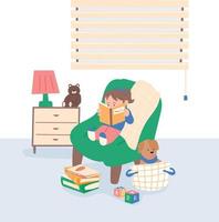 Cute little girl is sitting on the sofa and reading a book. vector