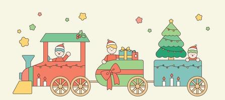 lindos elfos están distribuyendo regalos en el tren navideño. vector