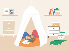 A cute child is playing while drawing in a tent in the room. vector