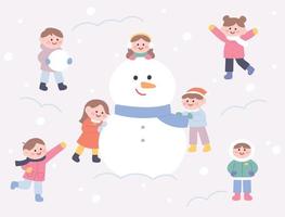 los niños lindos están haciendo un gran muñeco de nieve. vector