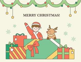 A child in a Santa suit and a deer are saying their Christmas greetings behind a large gift box. vector