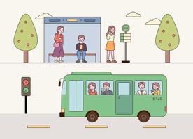 People waiting at the bus stop. passengers on the bus. vector