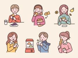 la gente come bocadillos o postres coreanos de invierno. personajes lindos. vector