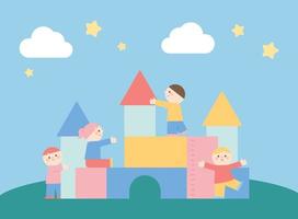 lindos niños juegan con la construcción de un castillo con bloques enormes. vector