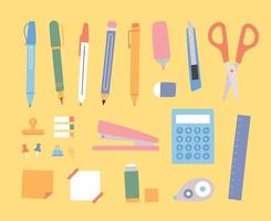 Collection of pens and other office supplies. vector