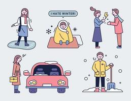 por qué odio el invierno. los personajes están explicando las deficiencias del invierno. vector