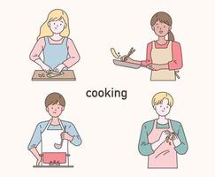 varios métodos de cocción. gente que usa delantal y cocina. vector