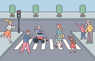 la gente está cruzando el paso de peatones. personas cruzando de forma segura. vector