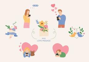 Couple sending each other mobile text messages. There is a flower logo around it. vector