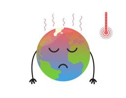 Global warming concept. Hot cartoon Earth planet is sad with hands down. Environmental protection poster. Vector isolated illustration