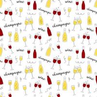 Wine alcohol seamless pattern. White vector background with glasses and bottles of champagne and red wine isolated. Outline doodle design