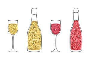 Glasses and bottles of sparkling champagne and red wine isolated. Shiny glitter outline design. Vector illustration