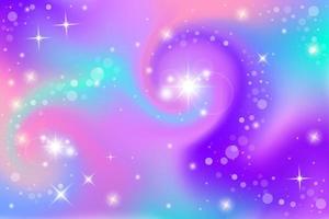 fondo de fantasía. Ilustración holográfica en colores pastel. Fondo femenino de dibujos animados lindo. cielo multicolor brillante con estrellas y bokeh. vector. vector