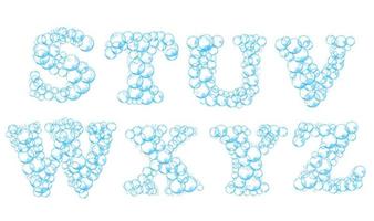 alfabeto de pompas de jabón. letras de espuma de agua s, t, u, v, w, x, y, z. fuente vectorial realista aislada sobre fondo blanco vector