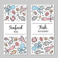 Hand drawn set of seafood elements. Doodle style vector illustration.