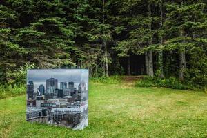 View to Montreal Cityscape on green lawn. photo