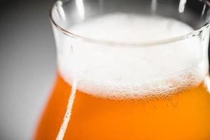 Close-up glass of homebrewed rhubarb beer with white foam. photo