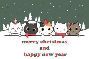 lindo gatito gato saludo dibujos animados doodle feliz navidad tema vector ilustración