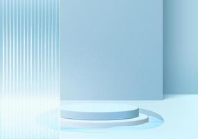 Plataforma de fondo 3d con cristal azul moderno. vector de fondo plataforma de podio de cristal de representación 3d. stand mostrar producto cosmético. Escaparate de escenario sobre pedestal, plataforma de estudio de vidrio moderno.